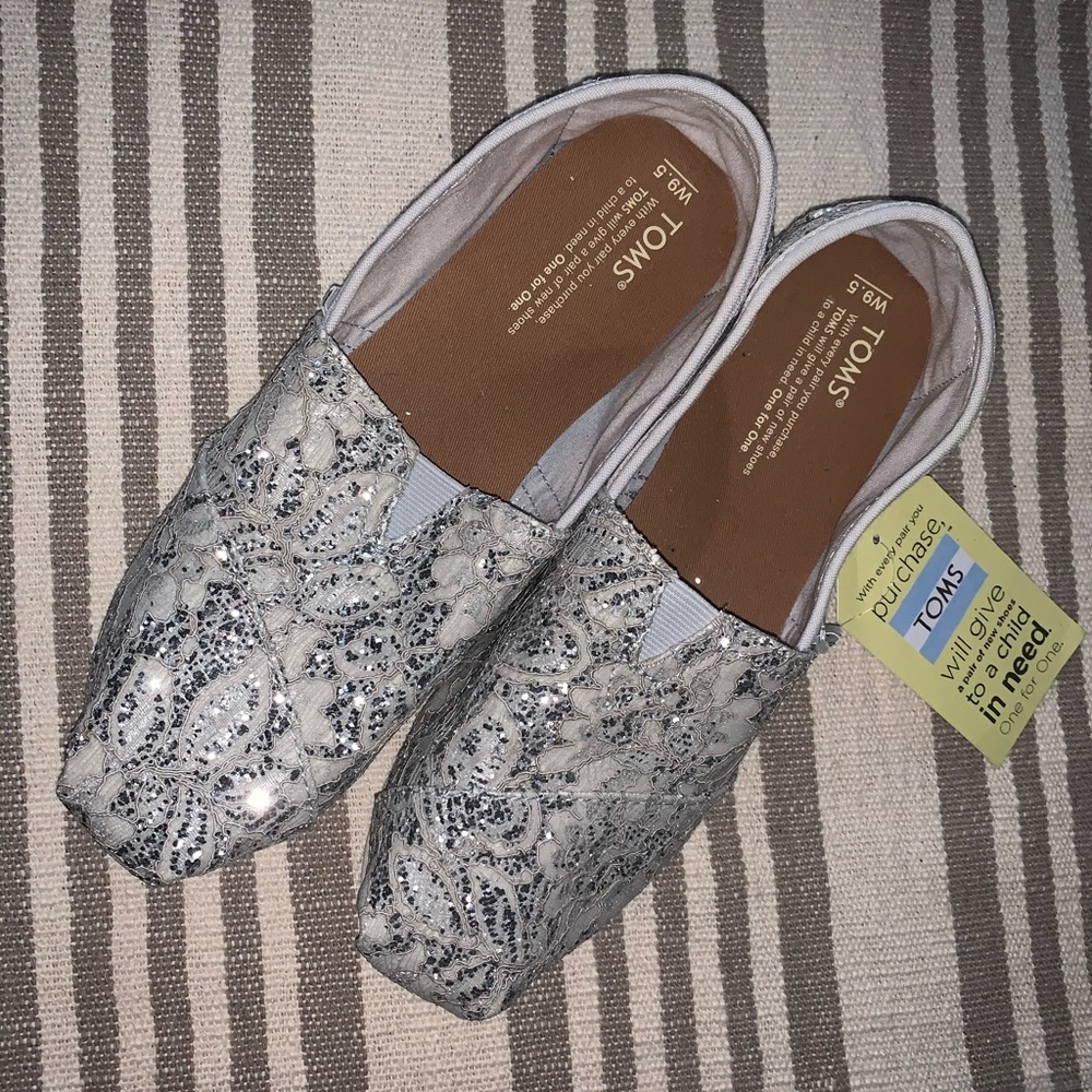 Brand new Silver glitter and lace TOMS